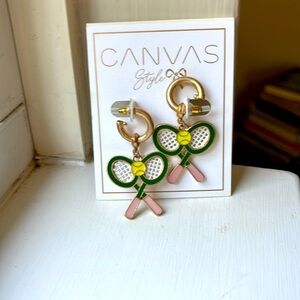 Sloan Tennis Racquet Enamel Drop Hoop Earrings; never worn